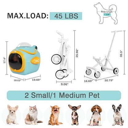 4 in 1 Foldable Pet Stroller with Detachable Carrier for Small Dogs & Cats, Space Capsule Travel Stroller with Inbuilt Fan,Temperature Display & Night Light,Puppy Kitty Doggie Bunny Stroller(Blue)