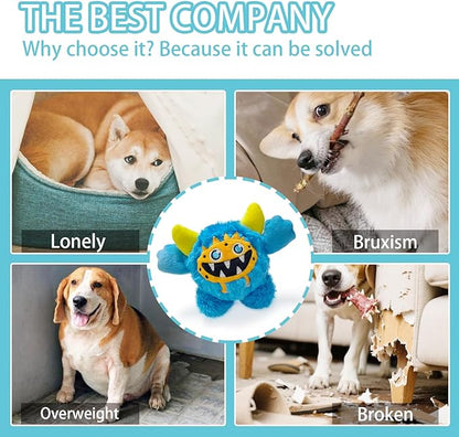 Plush Squeaky Dog Ball, Little Monster Puppy Toys Suitable for All Breeds, Chew Guard, Floating Water and Durable Interactive, Round and Soft (Blue, Large)