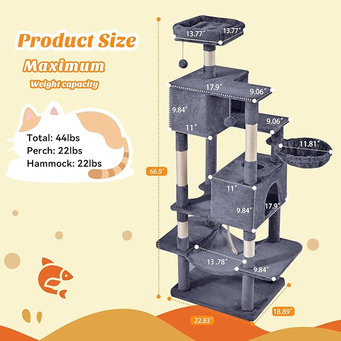 DUMOS Large 66 Inch Cat Tree Tower, Tall Multi Level Cat Climbing Tower with Natural Sisal Scratching Posts, Hammock, Pet Condo for Indoor Cats and Kittens Play, Dark Grey
