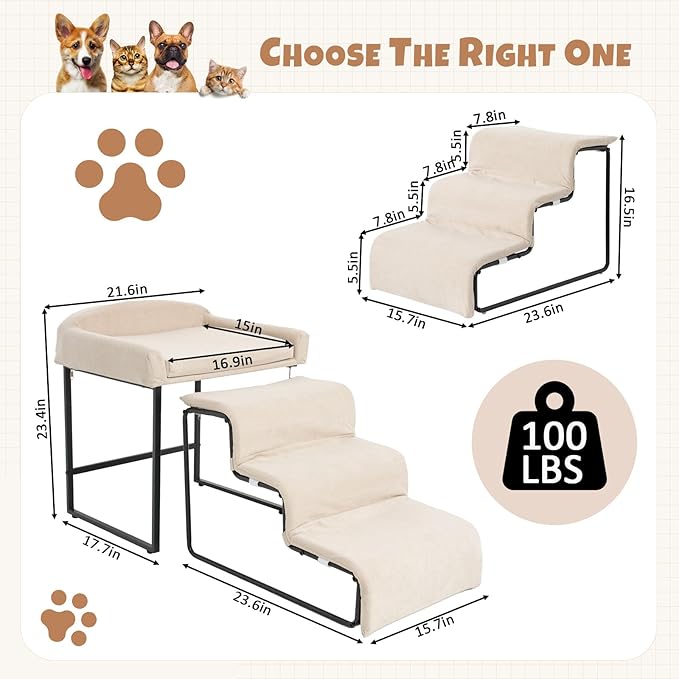 Dog Window Perch with Stairs for Dogs to get on Bed 3-Step Pet Ramp for High Beds Non-Slip Washable Cover The Sturdy Iron Frame with Ideal for Small Dogs Cats Senior Pets with Joint Issues