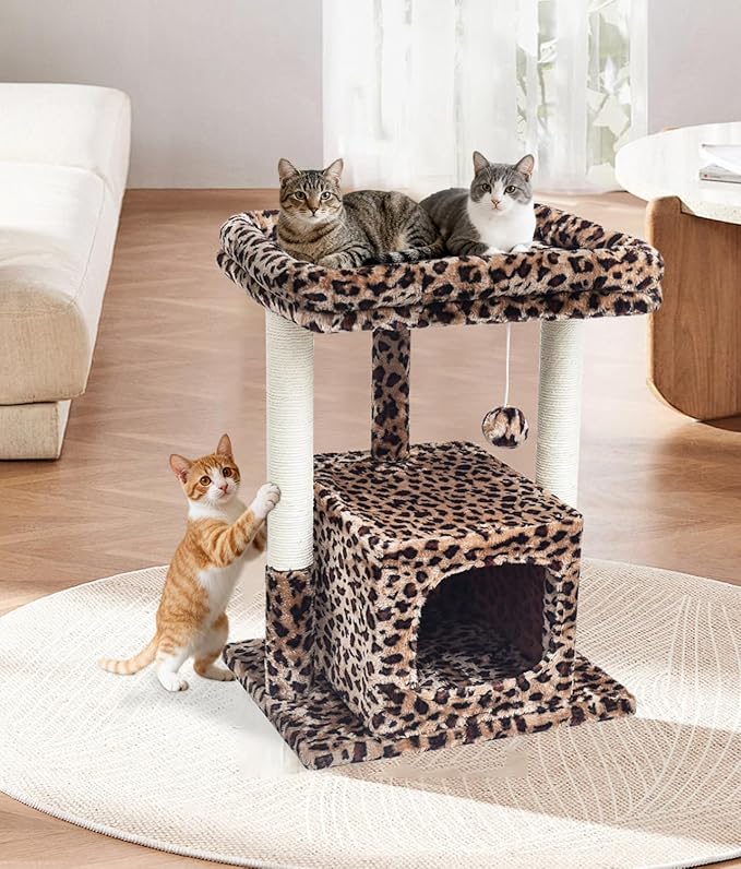 SYANDLVY 27" Cat Tree for Indoor Cats, Activity Tower with Scratching Posts, Modern Kitten Condo with Plush Perch & Hanging Ball for Play, Leopard Print