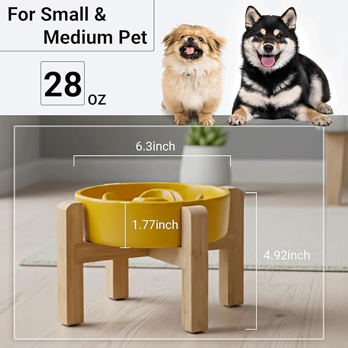Petygooing Elevated Slow Feeder Ceramic Dog Bowls 8.26in, Slow Feeder Elevated Bowl for Small&Medium, Ceramic Slow Feeder Heavy Weighted Non-Toxic Non-Slip Puzzle Maze (Yellow, 8.26in)