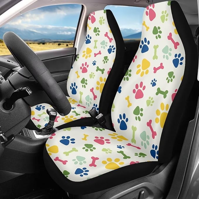 Dreaweet Colorful Dog Paws Print Car Seat Covers Cute Car Accessories for Women,2 Pcs Soft High Bucket Seat Protector for Most Vehicles SUV Trucks