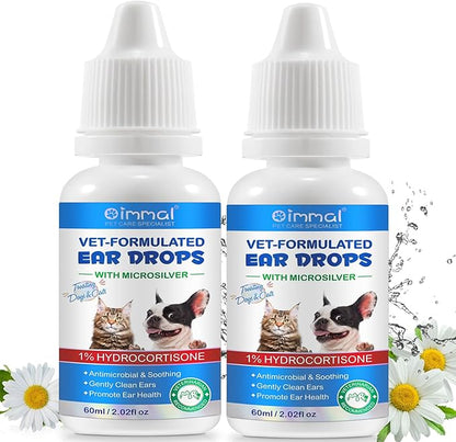 Cat & Dog Ear Infection Treatment Drops, 2Pack Pets Ear Cleaning Solution Drops with 1% Hydrocortisone Soothing Dog Yeast Infection, Treats Ear Infections, Itchy Ear Relief, Cat Ear Care Supplies