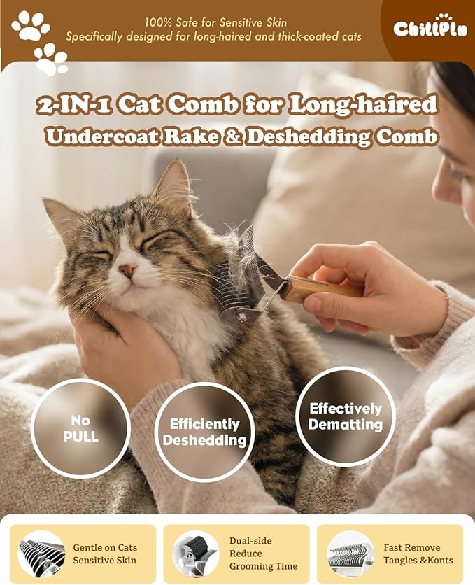 Cat Brush for Long Haired Cats - Double Sided Dematting Undercoat Rake for Persian, Ragdoll, Maine Coon - Professional Grooming Tool to Remove Mats, Tangles & Shedding - Skin-Safe Teeth