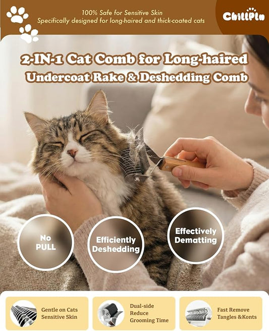Cat Brush for Long Haired Cats - Double Sided Dematting Undercoat Rake for Persian, Ragdoll, Maine Coon - Professional Grooming Tool to Remove Mats, Tangles & Shedding - Skin-Safe Teeth