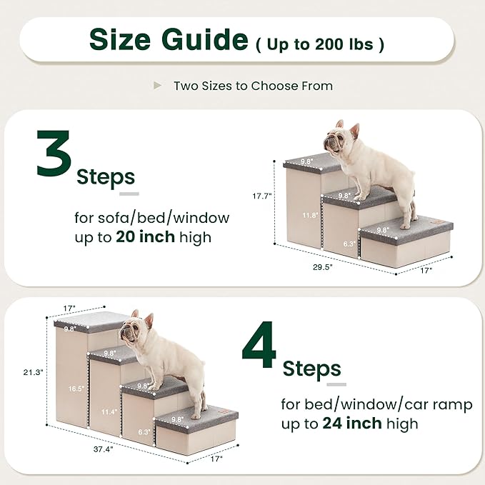 Love's cabin Dog Stairs for High Bed 18" H, Foldable Pet Stairs for Small Medium or Large Dogs Puppy with Storage for Bed or Couch, Cat Dog Steps Ramp with Zip up to 200 lbs, Light Grey, 3 Steps