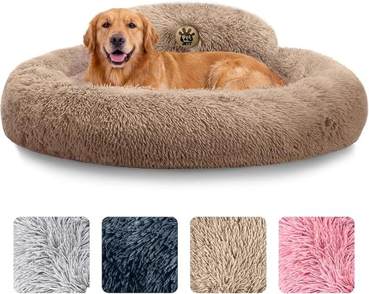 PetJett Large Dog Bed - 36'' Calming Donut Dog Beds, Anti-Slip & Washable Large Round Bed, Fluffy Faux Fur Pet Bed, Super Soft Anti-Anxiety Premium Comfort Bed, Fits Dogs up to 80 lbs - Beige
