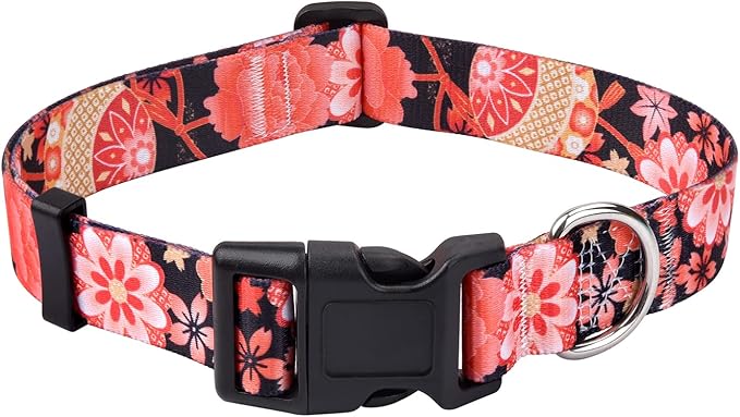 Dog Collar with Bohemia Floral Tribal Geometric Patterns - Soft Ethnic Style Collar Adjustable for Small Medium Large Dogs(Red Flower A,S)