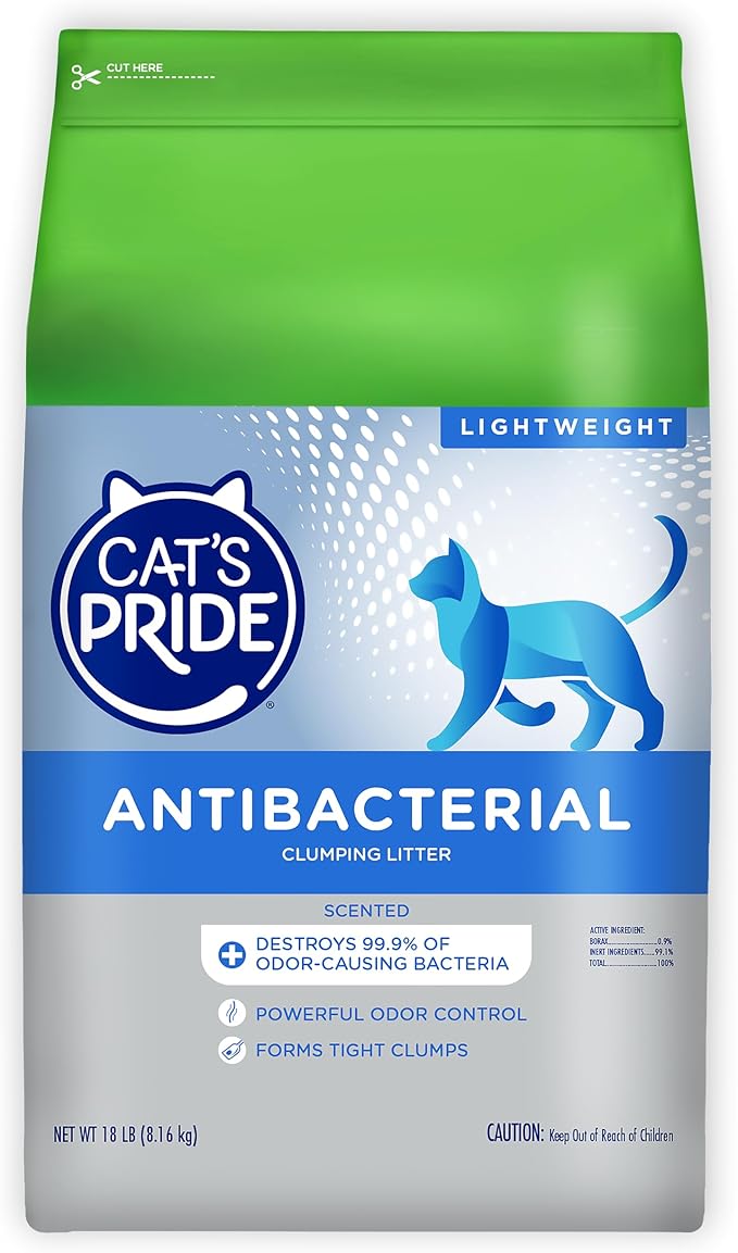 Cat's Pride NEW Antibacterial Cat Litter: Destroys 99.9% of Odor-Causing Bacteria - Powerful Odor Control - Premium Lightweight Clumping Litter - Scented, 18 Pounds