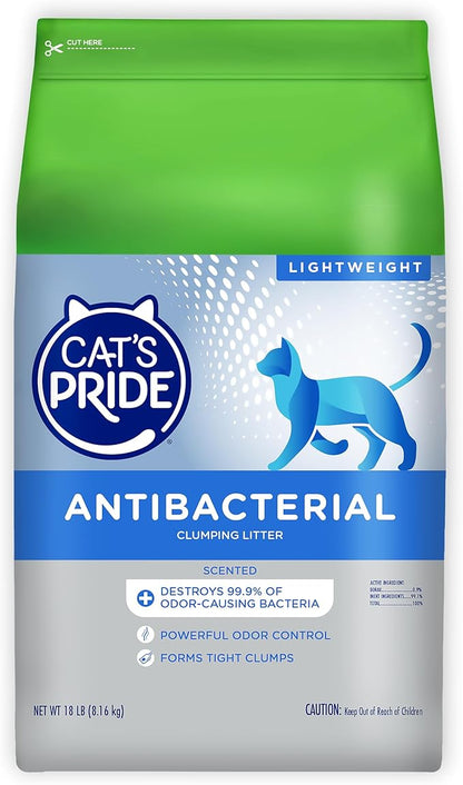 Cat's Pride NEW Antibacterial Cat Litter: Destroys 99.9% of Odor-Causing Bacteria - Powerful Odor Control - Premium Lightweight Clumping Litter - Scented, 18 Pounds