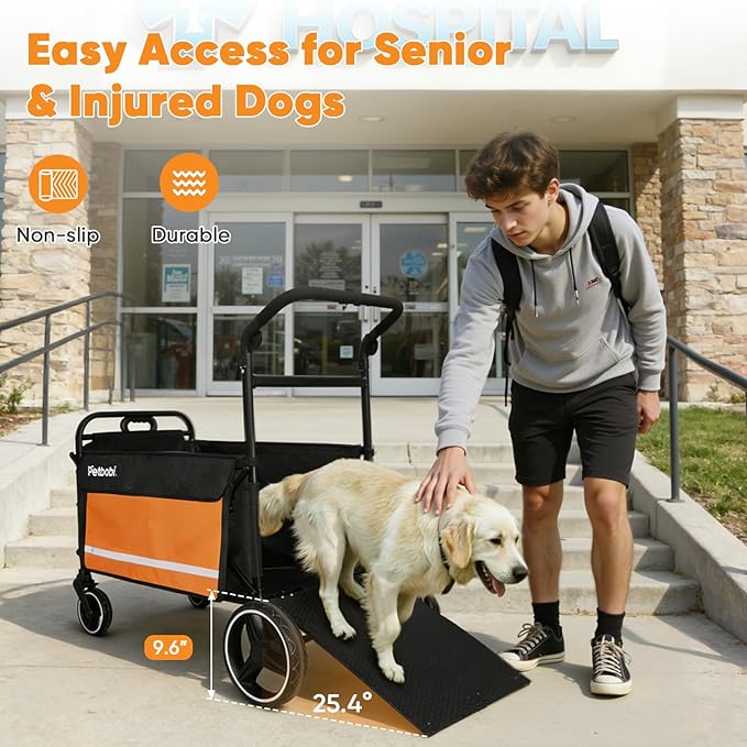Petbobi 2-in-1 Dog Wagon Stroller for Large & Medium Dogs – Foldable Push & Pull Stroller with Ramp, 360° Swivel Wheels, Adjustable Handles & Safety Leashes for Walking Camping Parks