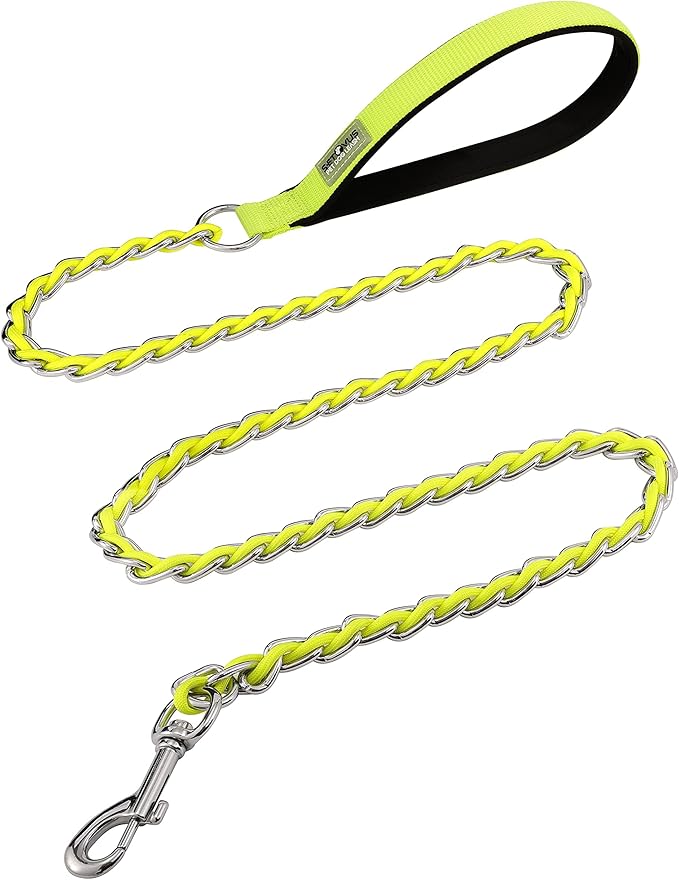 Chain Dog Leash Chew Proof Metal Leash for Medium Large Dogs, Chain Link Dog Anti Chew 5.2FT / 4FT Strong Anti Bite Comfortable Soft Padded Handle (Yellow, 5FT(80-150lb))