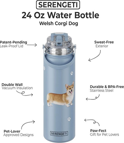 SERENGETI 24 Oz Water Bottle Stainless Steel with Spill Proof Lid - Double walled Vacuum Insulated water flask - Realistic 3D Print of your favorite dog (Welsh Corgi)