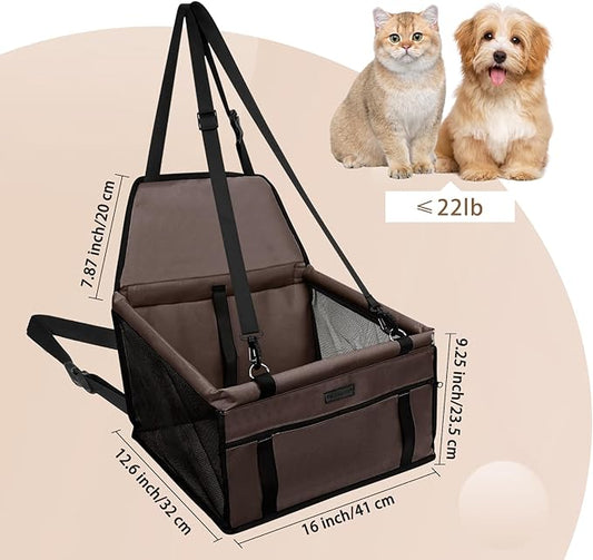 PetsHome Dog Car Seat Foldable Dog Car Booster Seat Waterproof Breathable Oxford Travel Bag for Small to Medium Dogs, Puppies, and Pets-Pure Coffee