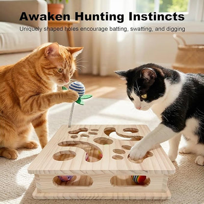 Pine Wooden Cat Puzzle Box, Interactive Maze & Scratch Enrichment Toy, Puzzle Toys for Indoor Cats with Sisal Wand, Silent & Bell Balls (Large)