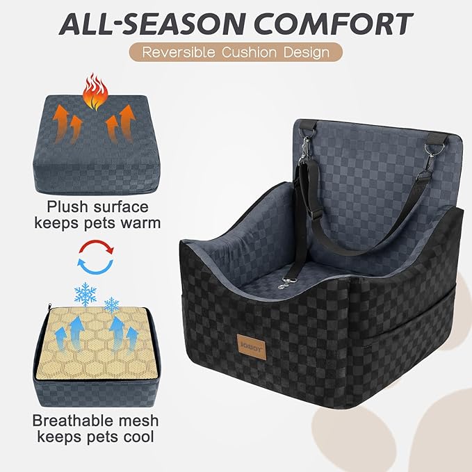 JOEJOY Elevated Dog Car Seat for Small/Medium Dogs up to 35 lbs, Memory Foam Booster Seat with Detachable Washable Cover, Travel-Safe Car Bed with Safety Belts & Storage Pockets, Dark Grey