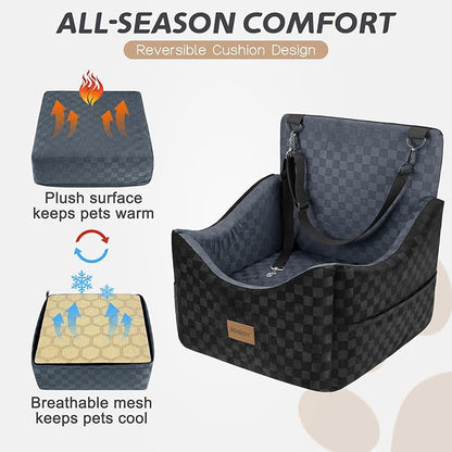 JOEJOY Elevated Dog Car Seat for Small/Medium Dogs up to 35 lbs, Memory Foam Booster Seat with Detachable Washable Cover, Travel-Safe Car Bed with Safety Belts & Storage Pockets, Dark Grey