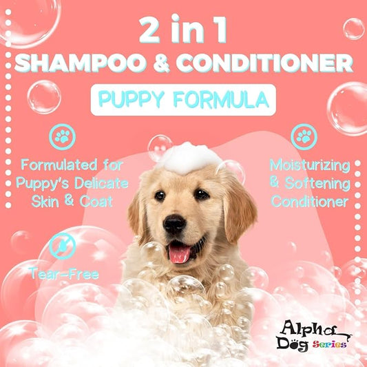 Alpha Dog Series Natural Puppy Shampoo and Conditioner Tear Free with Aloe Vera, pH-Balanced Shampoo for Puppies, Tearless Dog Shampoo and Conditioner, Puppy Wash Sensitive Skin 26.4 Oz (Pack of 2)