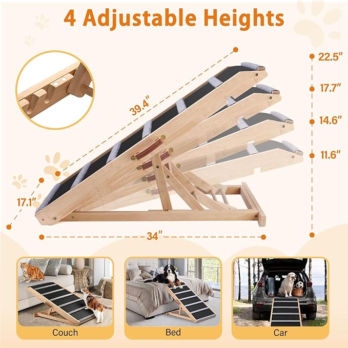 Dog Ramp for Bed - Extra Wide 17’’, Non-Slip Rubber Surface Excellent Traction, Pet Ramp for Small Large Dogs to Get on High Couch Car, Hold up to 200lb, Adjustable, Foldable