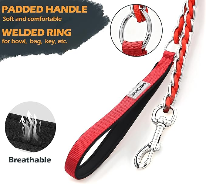 Chain Dog Leash Chew Proof Metal Leash for Medium Large Dogs, Chain Link Dog Anti Chew 5.2FT / 4FT Strong Anti Bite Comfortable Soft Padded Handle (Red, 5FT(80-150lb))