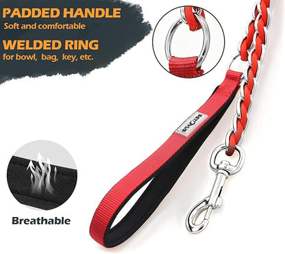 Chain Dog Leash Chew Proof Metal Leash for Medium Large Dogs, Chain Link Dog Anti Chew 5.2FT / 4FT Strong Anti Bite Comfortable Soft Padded Handle (Red, 4FT(80-150lb))