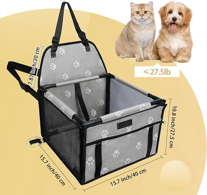 PetsHome Dog Car Seat Foldable Dog Car Booster Seat Waterproof Breathable Oxford Travel Bag for Small to Medium Dogs, Puppies, and Pets-Footprint Grey-Upgrade