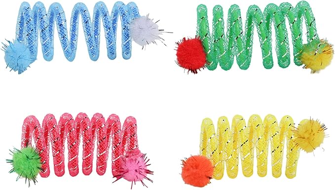 2Pcs Colorful Coils Spring with Plush Ball Cats Chew Toy for Indoor and Outdoor Play Stimulating Curiosity and