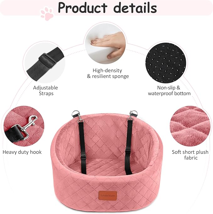 Lealchum Dog Car Seat for Small Dogs Up to 30 Lbs,Ultra Soft Fabric Fill in Comfy Memory Foam,Happy Pet Ride,2 Safety Dog Leashes,Fully Detachable and Washable,Anti Slip Base(Pink)