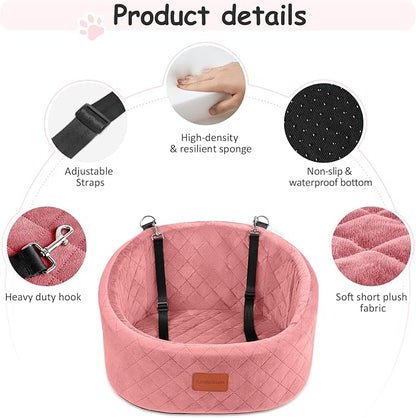Lealchum Dog Car Seat for Small Dogs Up to 30 Lbs,Ultra Soft Fabric Fill in Comfy Memory Foam,Happy Pet Ride,2 Safety Dog Leashes,Fully Detachable and Washable,Anti Slip Base(Pink)