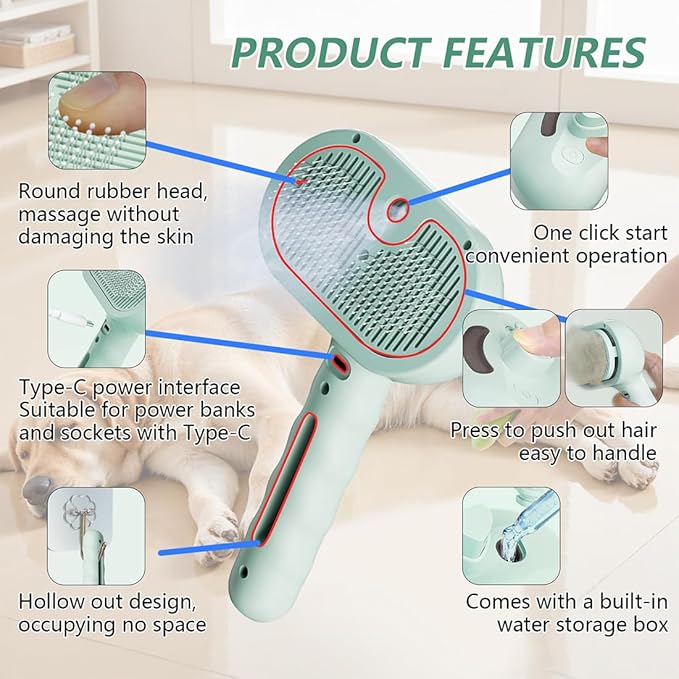 Spray Cat Hair Brush For Grooming Convertible USB Rechargeable Dog Brush For Shedding - Ideal For Indoor & Outdoor(Green)