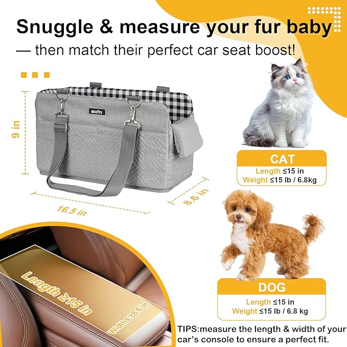 Console Dog Car Seat for Small Dogs Cats Up to 12lbs, Anti-Collapse Pet Armrest Booster Seat with Soft Pillow,Non-Slip Seat Rails Hooks & Safety Belt, Portable Car Accessories for Pets Travel