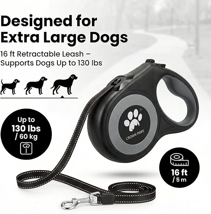 16 ft Retractable Dog Leash for Extra Large Dogs up to 130 lbs,Tangle-Free Nylon Tape,Black Dan24 XL