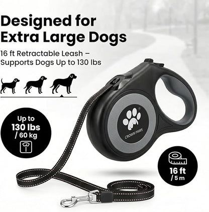 16 ft Retractable Dog Leash for Extra Large Dogs up to 130 lbs,Tangle-Free Nylon Tape,Black Dan24 XL