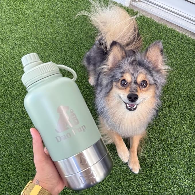 DuoPup 32oz Insulated Stainless Steel Pet Water & Food Bottle – Portable Leak-Resistant Dispenser with Two Detachable Bowls & Carrying Strap – Travel, Hiking & Outdoor Pet Hydration – LightGreen