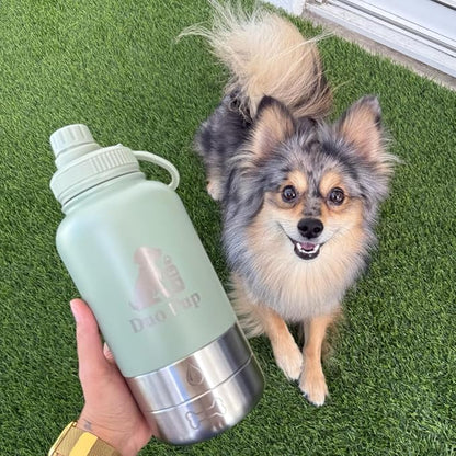 DuoPup 32oz Insulated Stainless Steel Pet Water & Food Bottle – Portable Leak-Resistant Dispenser with Two Detachable Bowls & Carrying Strap – Travel, Hiking & Outdoor Pet Hydration – LightGreen