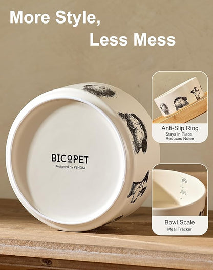 Ceramic Dog and Cat Bowl Set of 2 with Weighted Non-Slip Ring-1.6 Cups, Stoneware Food and Water Set, Pet Feeding, Microwave and Dishwasher Safe-Derpy-S 2pcs