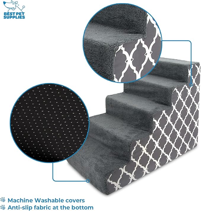 Best Pet Supplies Foam Pet Steps Cover for Small Dogs and Cats, Portable Ramp Stairs for Couch, Sofa, and High Bed Climbing (Cover Only) - Gray Lattice, 5-Step (Cover Only)