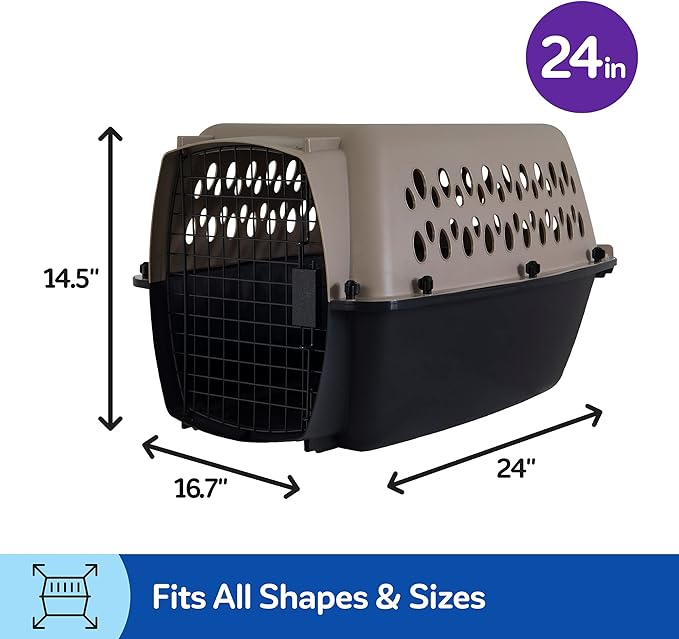 Petmate Vari Dog Kennel Portable Carriers & Crates for Smaller Dogs or Puppies and Pets 10 to 20 lbs, Airline-Friendly Plastic Pet Carrier Home and Travel, 24" Long, Taupe & Black, 24” x 16.7” x 14.5”