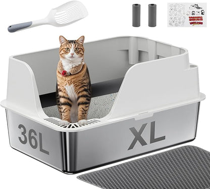 Non-Stick Stainless Steel Litter Box, XL Side Opening Splash-Proof & Leak-Proof Seamless Seal, Ellenpent Large Capacity, Cat Litter Box with Lid for Multi-Cats, Easy-Clean & Durable (White)