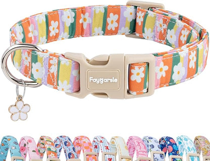 Faygarsle Colorful Floral Dog Collar, Cotton Fabric with Daisy Pattern, Multi-Color Stripes Spring Summer Design for Small Medium Large Dogs M