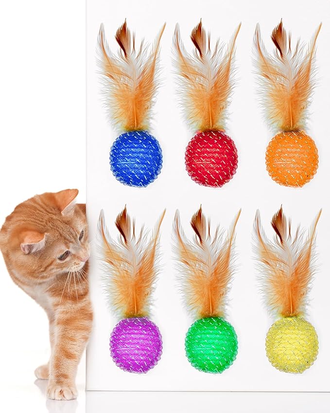 PET SHOW 10 Pack Cat Toys - Woolen Yarn Cat Balls, Interactive Mesh Feather Ball, String Toy for Indoor Cats, Chase Training Activity for Kittens