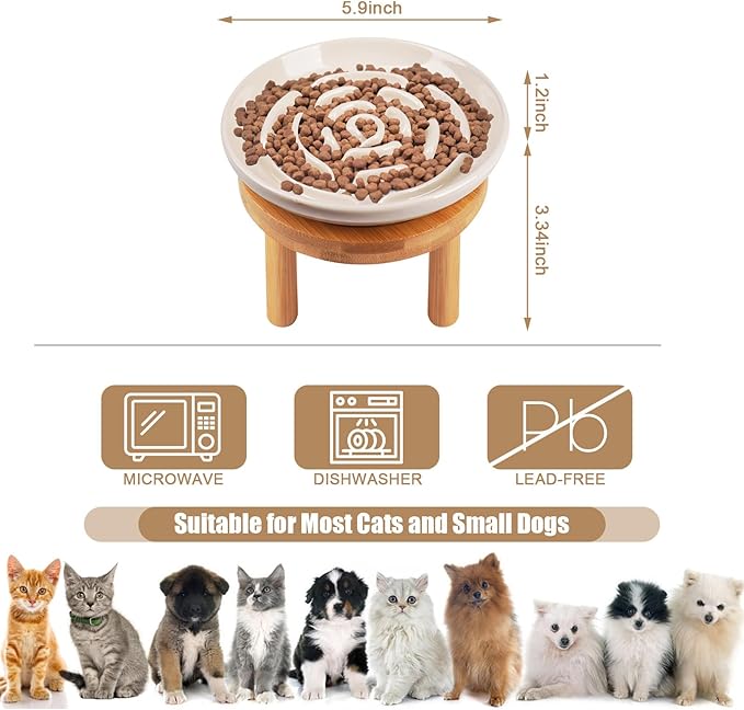 Elevated Slow Feeder Cat Bowls, Ceramic Cat Slow Feeder Bowl with Bamboo Stand, 5.9 Inch Wide Shallow Cats Bowl Whisker Friendly, Anti Vomiting Puzzle Feeder for Dry or Wet Food Dishwasher Safe