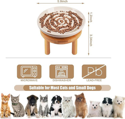 Elevated Slow Feeder Cat Bowls, Ceramic Cat Slow Feeder Bowl with Bamboo Stand, 5.9 Inch Wide Shallow Cats Bowl Whisker Friendly, Anti Vomiting Puzzle Feeder for Dry or Wet Food Dishwasher Safe