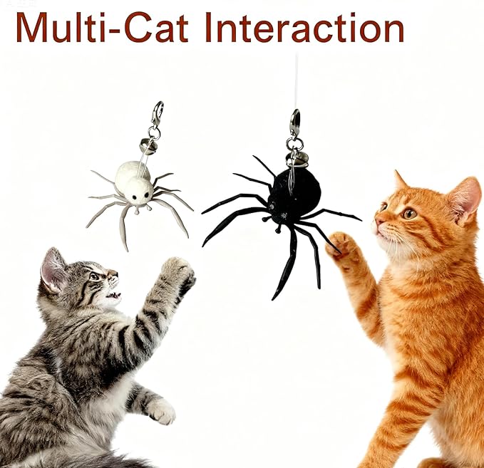 2Pcs Cat Toy Spider Refills – White & Black Heads with Bell/Lobster Claw, Feather Wand Replacement for Kitten Interactive Play