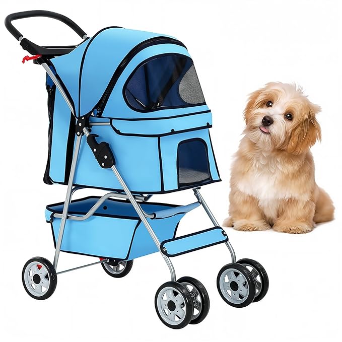 BestOffice Pet Stroller for Small Medium Dogs & Cats, 4-Wheel Foldable Dog Stroller with Cup Holder, Lightweight Travel Carrier, Waterproof Design for Outdoor Walks, Blue