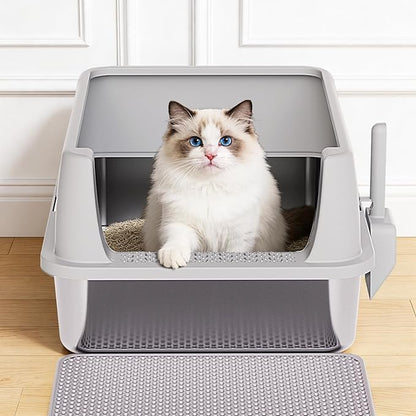Henkelion Stainless Steel Cat Litter Box with Lid, Extra Large Litter Box for Big Cats with High Sided, Non-Sticky, Anti-Urine Leakage, Easy Cleaning, Include Cat Mat and Scoop with Holder (S)
