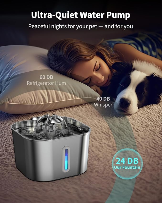 Cat Water Fountain Stainless Steel with 4 Filters & 4 Sponges, 74oz/2.2L Cat Fountain with Quiet Pump, Automatic Pet Water Dispenser, Ideal for Multi-pet Homes, Fresh & Clean Water for Cats and Dogs