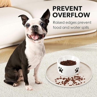 Silicone Pet Food Mat - Waterproof Dog Food Bowl Mat Cat Feeding Mat Thicker Pet Placemat Eating Mat with High Lip to Prevent Spills, Dog Cat Water Bowl Mat for Messy Drinkers to Protect Floors, Beige