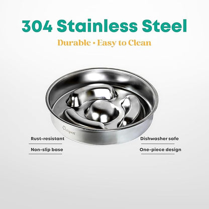 Stainless Steel Slow Feeder Dog Bowl with Absorbent Non-Slip Mat | Designed to Slow Eating | 304 Stainless Steel, Dishwasher Safe, Durable One-Piece Design for All Breeds